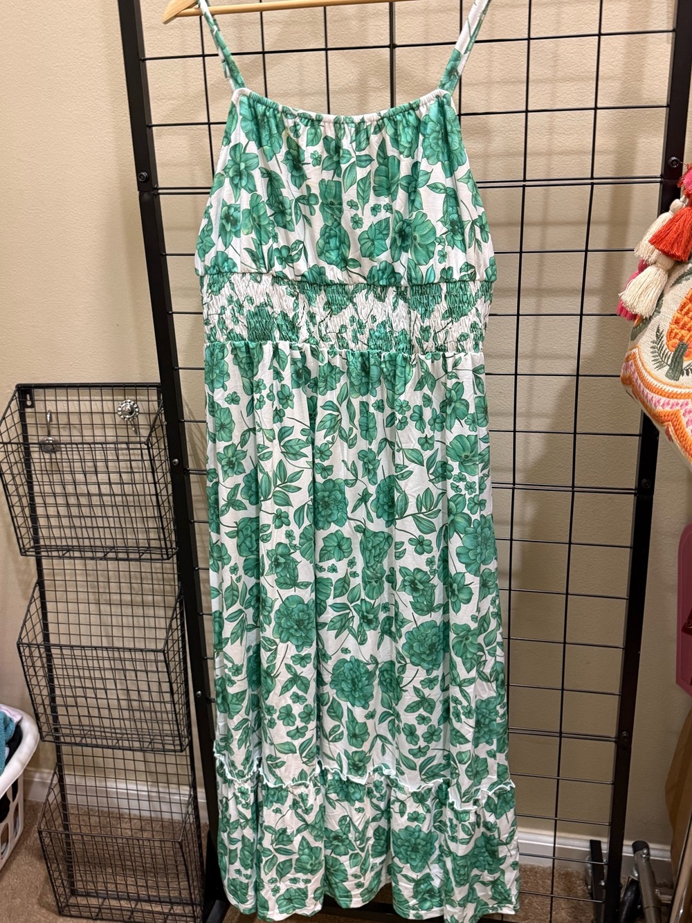 Grace Karin Green and White Floral Smocked Maxi Dress